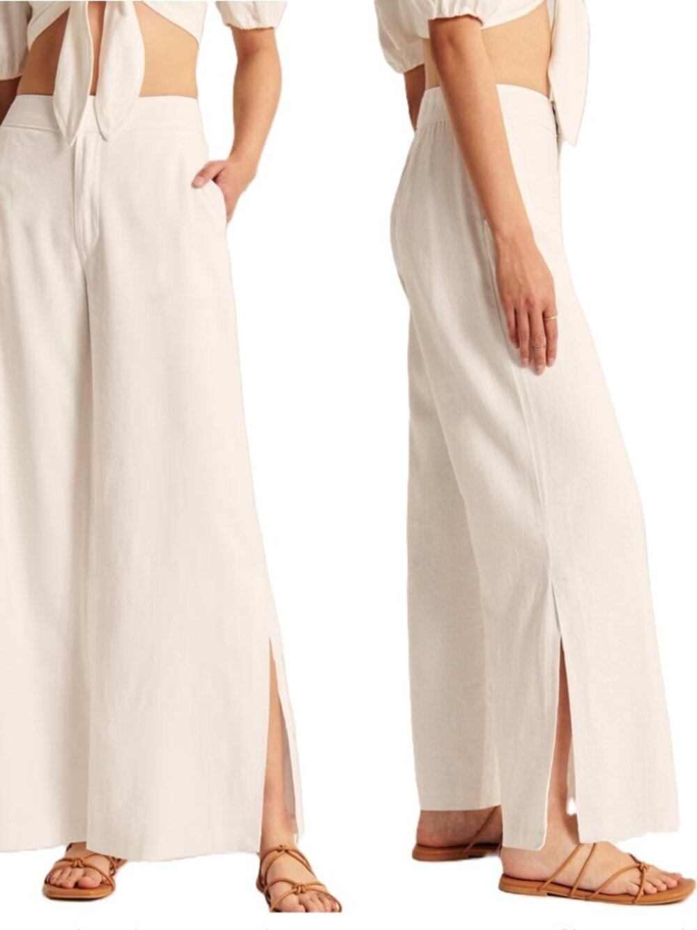 Abercrombie Fitch Linen Blend Pant XS High Rise Wide Split Leg Beach Resort Blue
